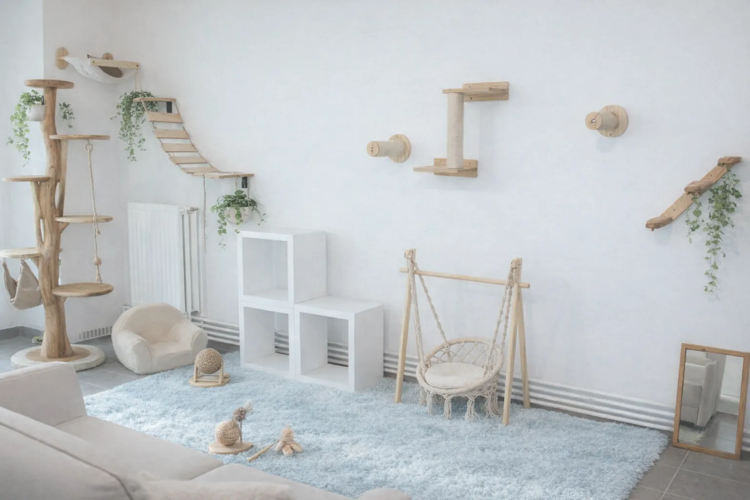 La plaine de jeux des chats : passerelles, balançoire et fauteuil